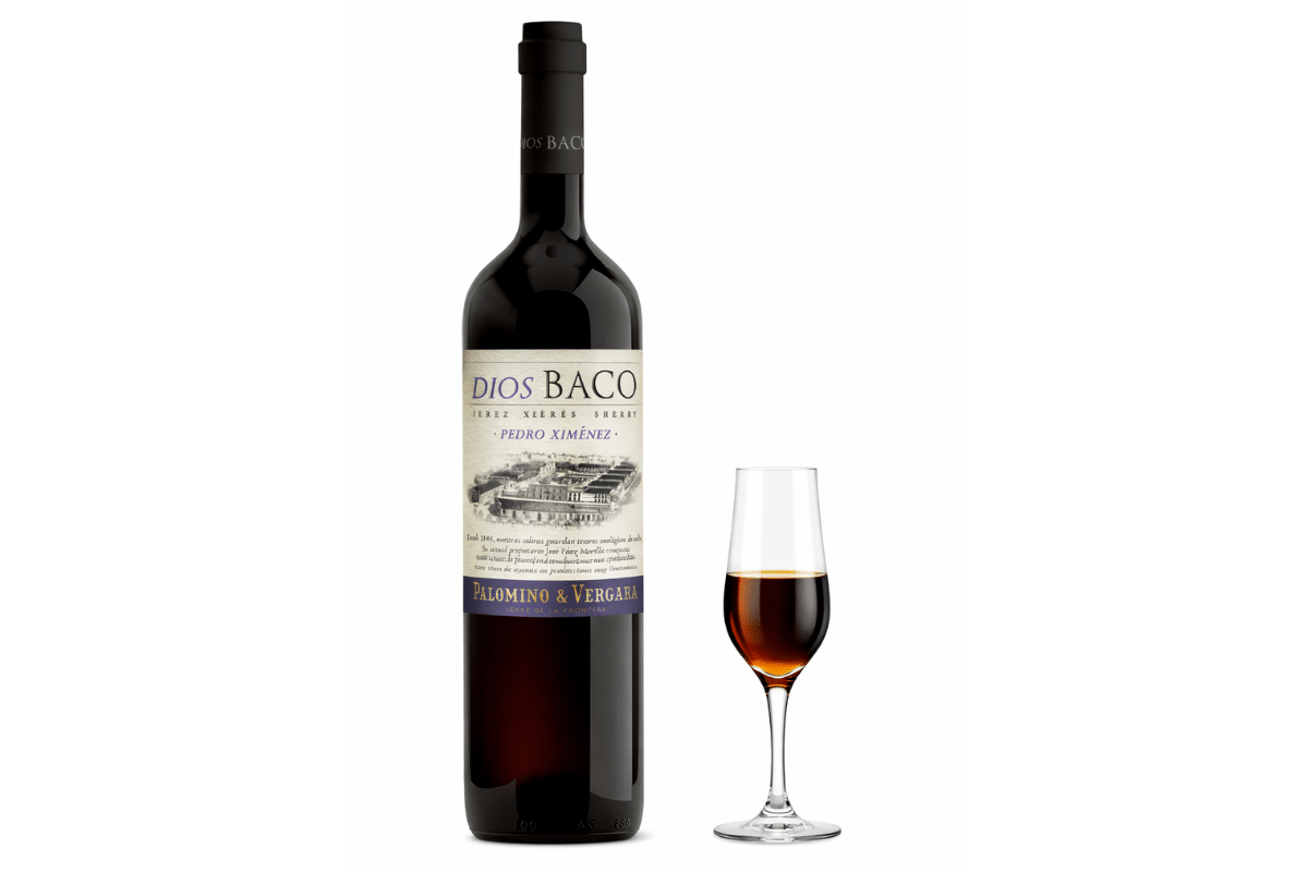 A glass bottle containing 750ml of Pedro Ximenez Sherry and a small sherry glass containing sherry